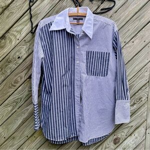 Banana Republic Women’s Navy and White Striped Button Down Crazy Shirt Medium